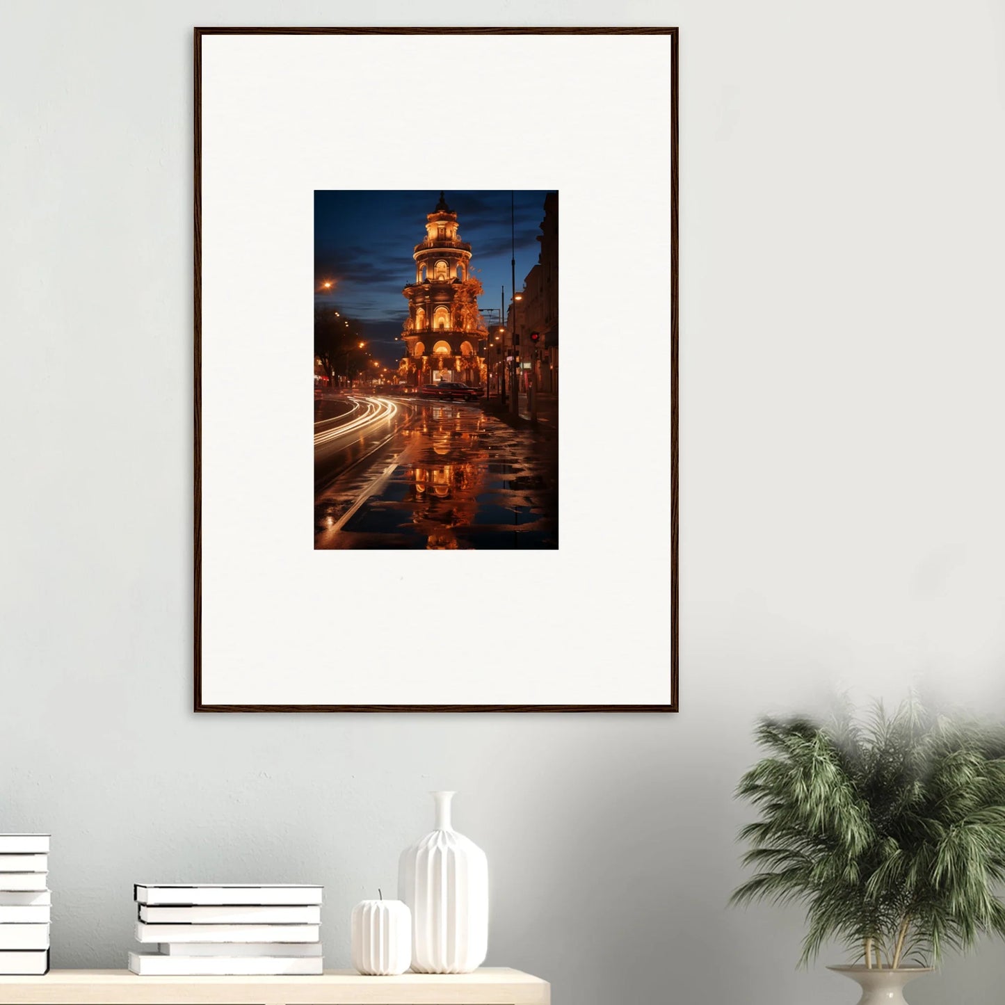 Framed wall art of Luminous Neo’ici Dops clock tower reflection on wet pavement at night