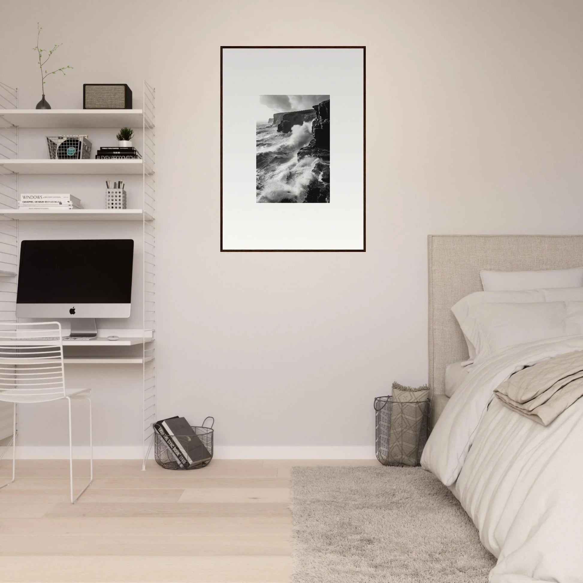 Minimalist bedroom with floating shelves, iMac, and black-and-white art for Tempestuous Rock Ballet