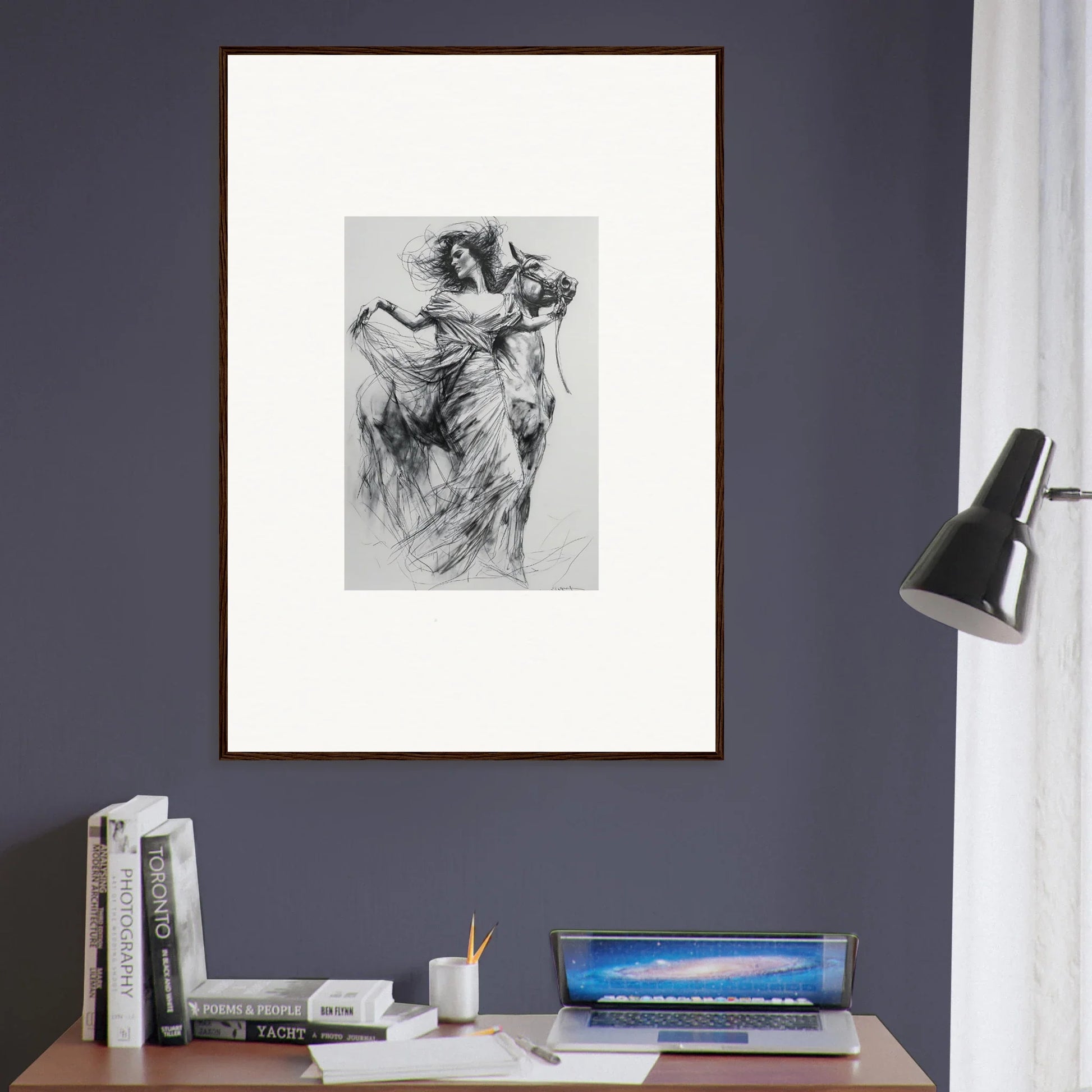 Framed black and white sketch of a flowing figure for Equestrian Ether Euphoria art