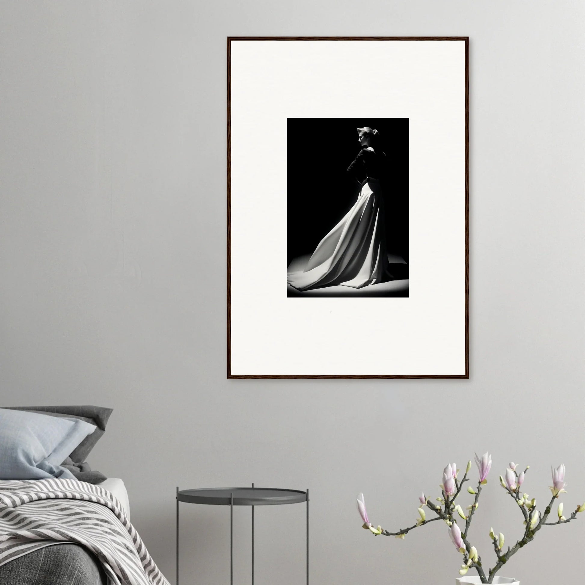 Framed black and white photo of a flowing dress in dramatic light from Veiled Monochrome Journey