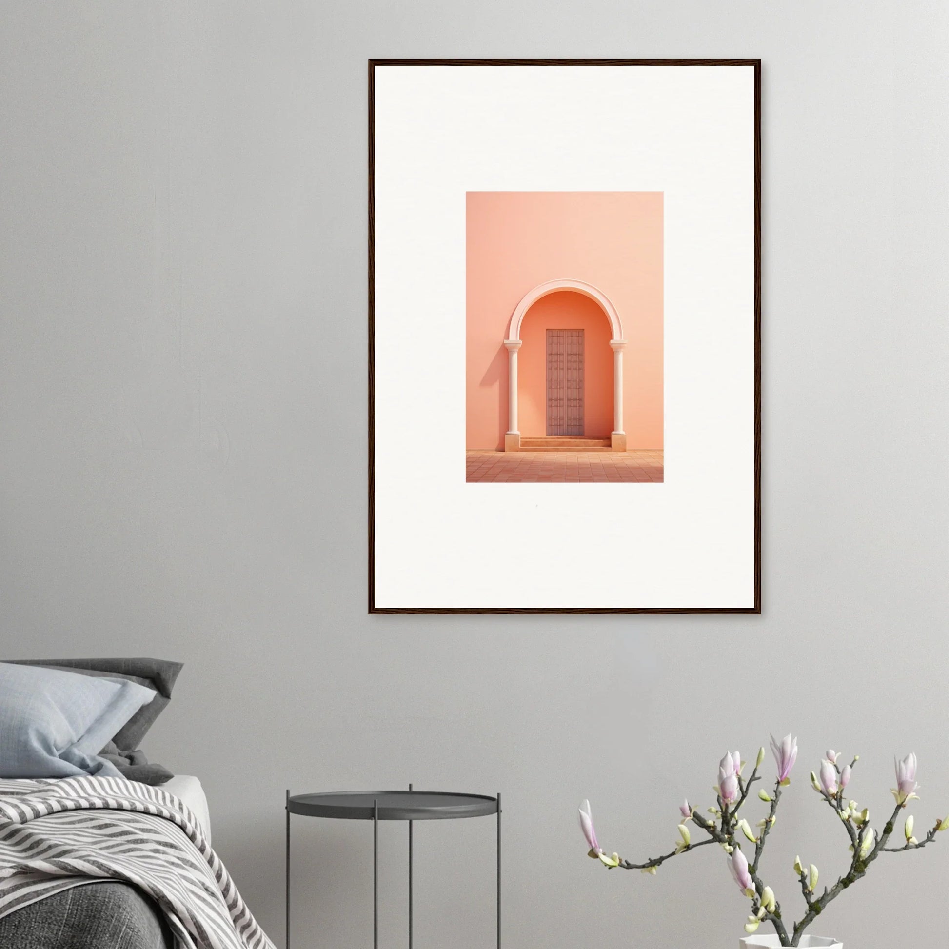 Framed art print of a peachy-pink archway and terracotta door from Psychedelic Arches Discussionale