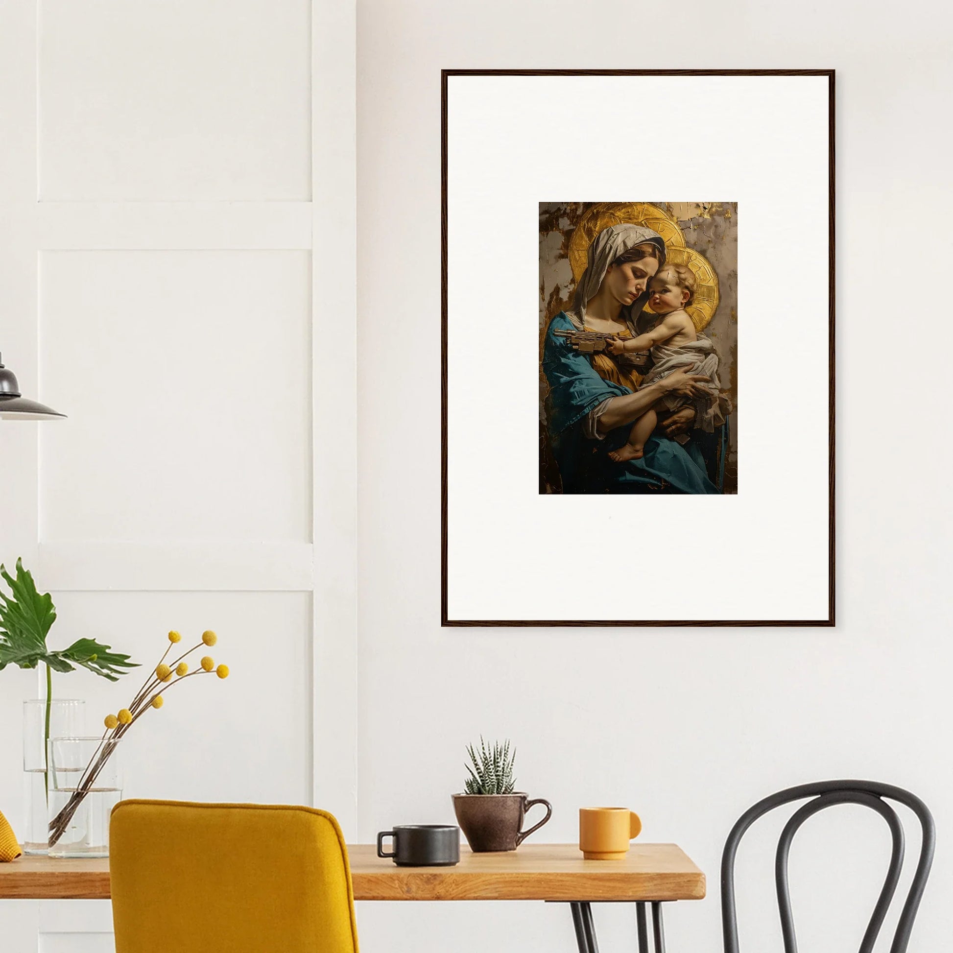 Framed Sacred Embrace canvas print showcasing a mother and child in a loving hug for room decoration