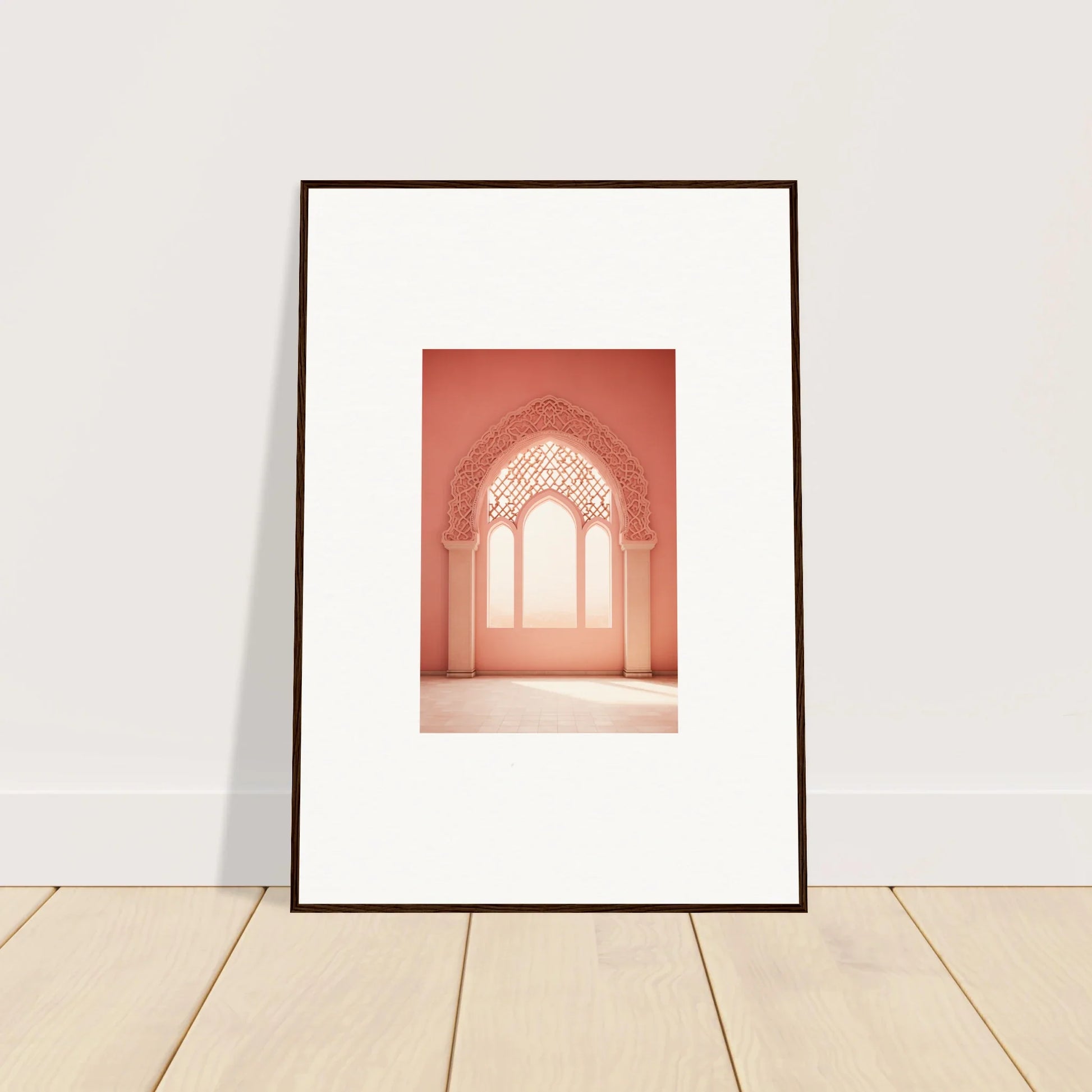 Framed wall art of a Moroccan-style arched window in coral pink, Versaille Sunset Reimagined