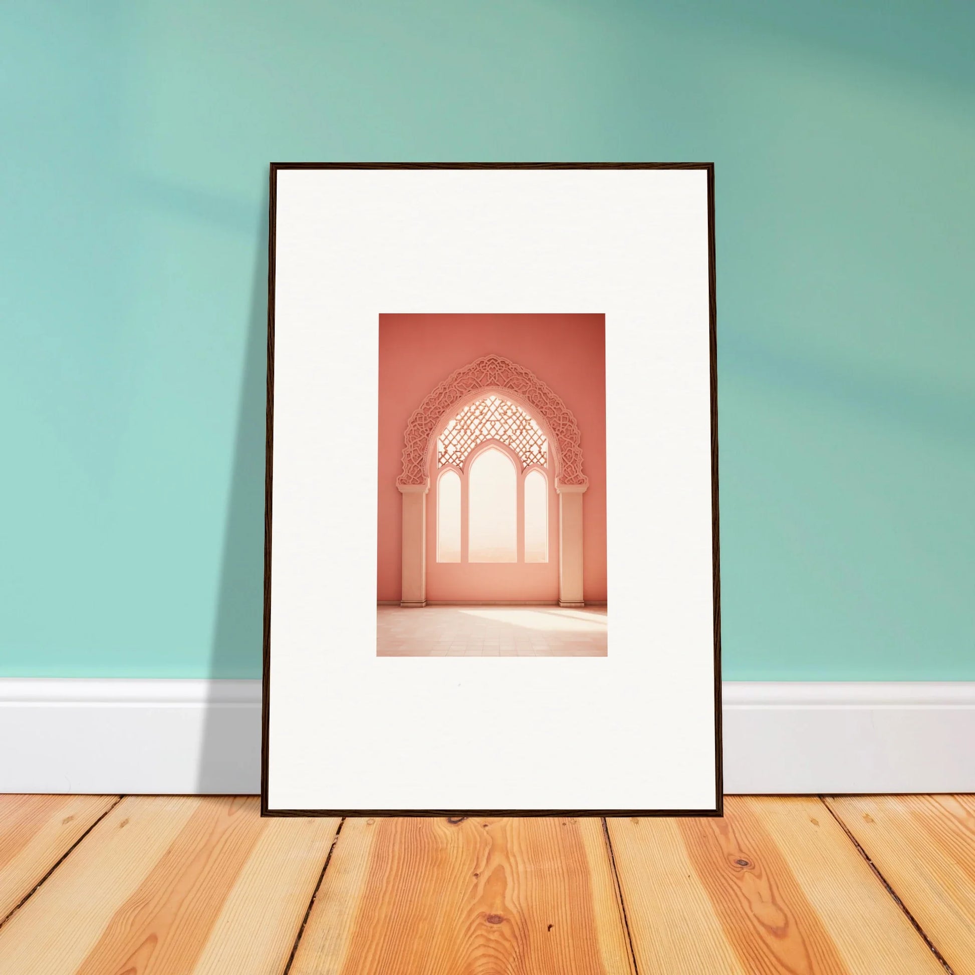 Framed wall art of a pink-tinted archway in Versaille Sunset Reimagined design