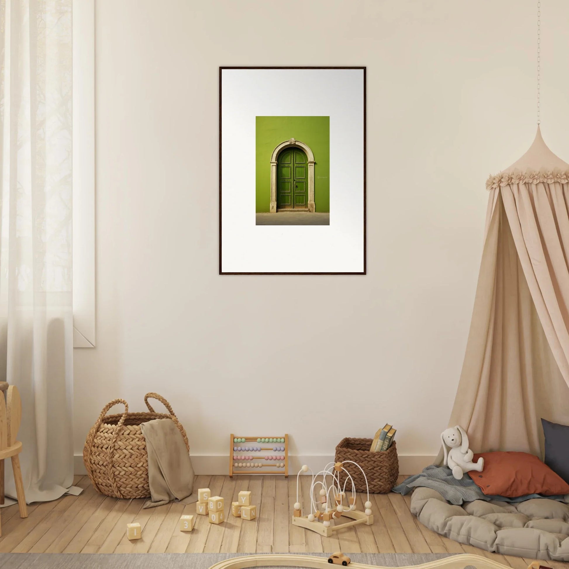 Framed photo of a green door featuring arched entryway from Vert Barcode Reverie