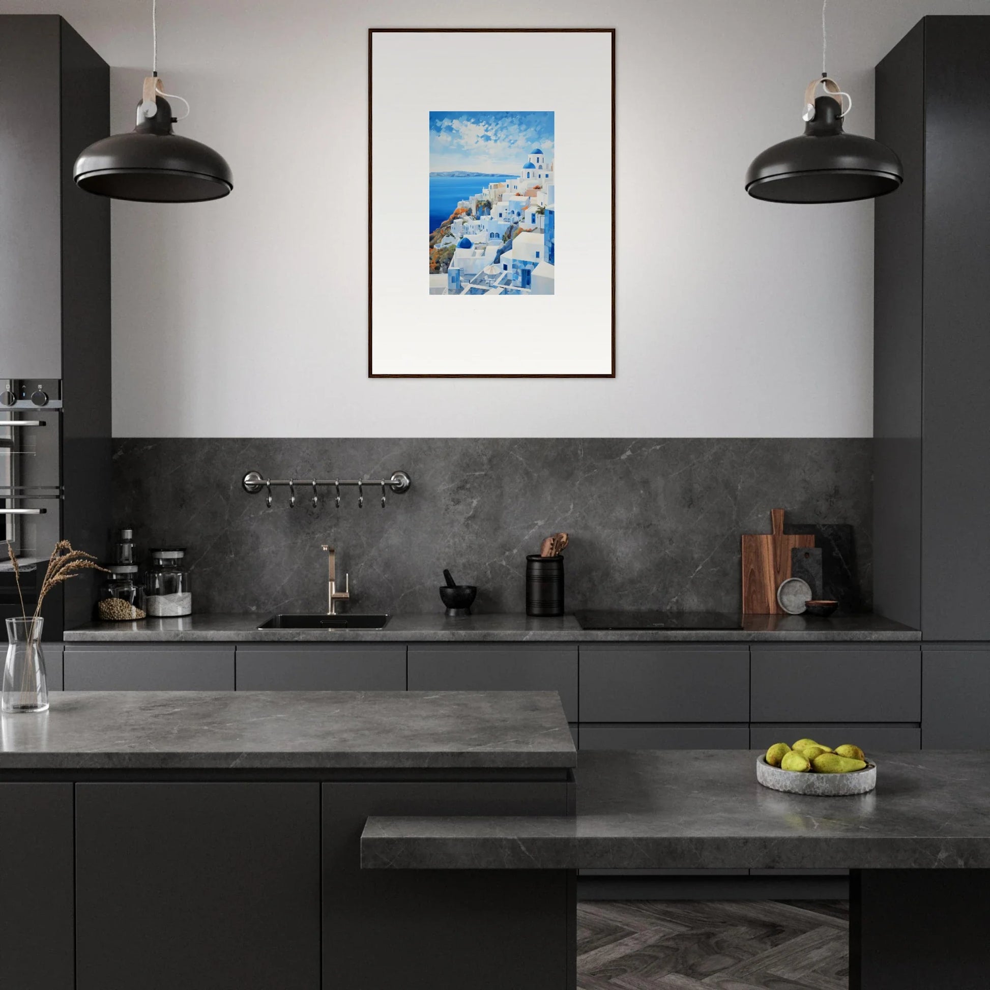 Modern dark gray kitchen featuring industrial lights and a premium framed Santorini artwork