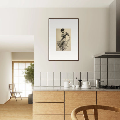 Modern kitchen featuring light wood cabinets and framed wall art, Ethereal Pause Beneath