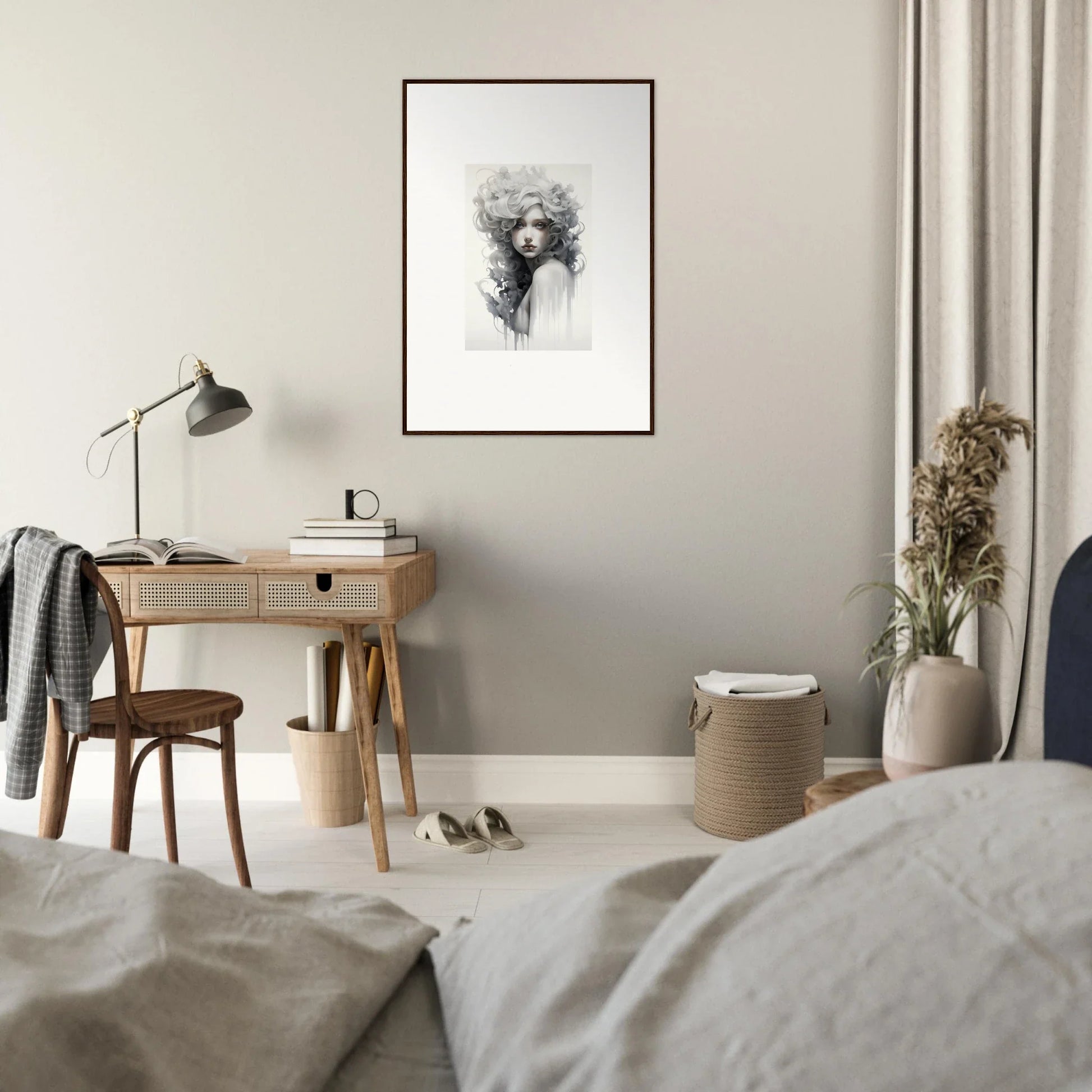 Minimalist wooden desk with a lamp and Visions Veil Morphling framed wall art