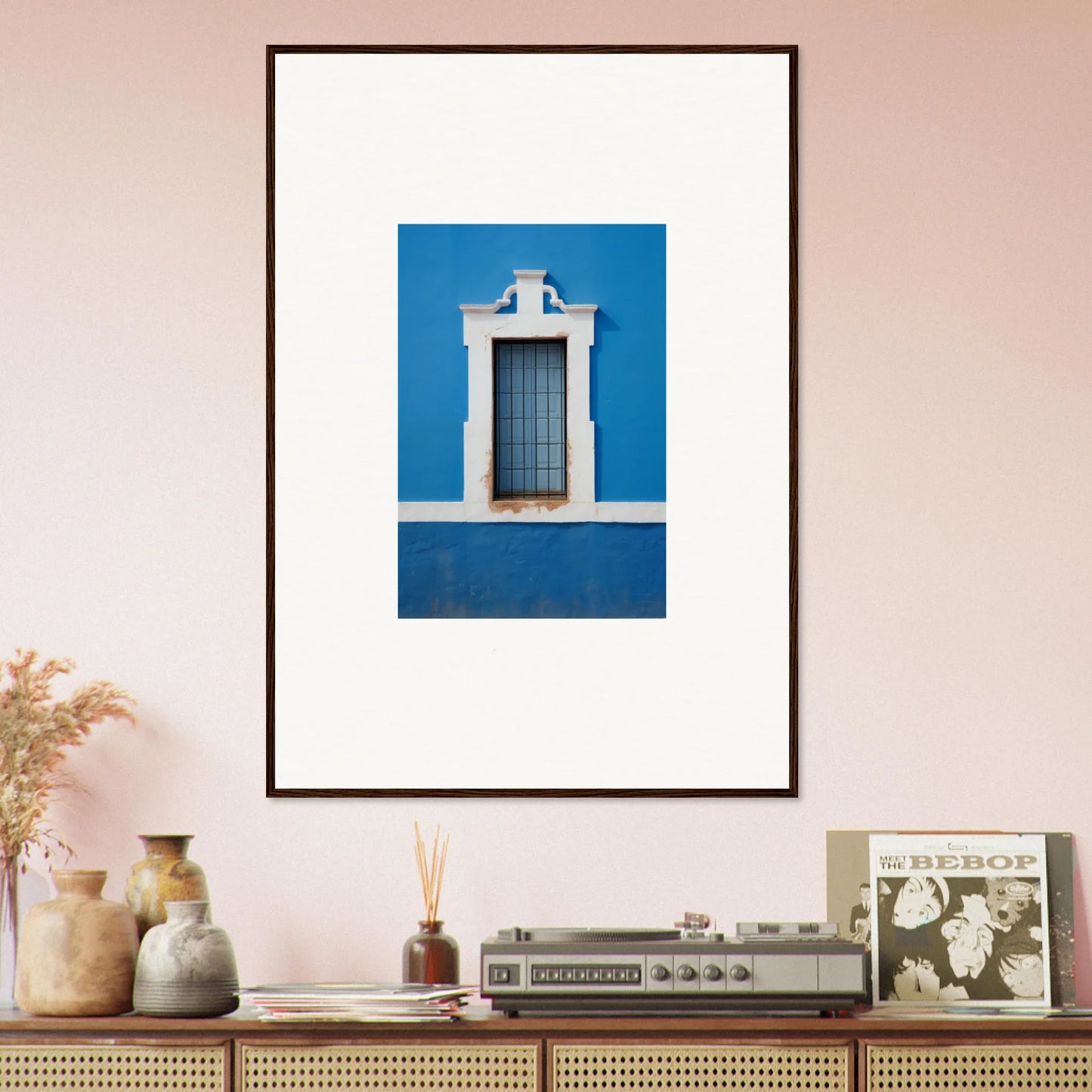 Framed wall art of a blue wall with a window from Liquid Azure Quest, special edition art™