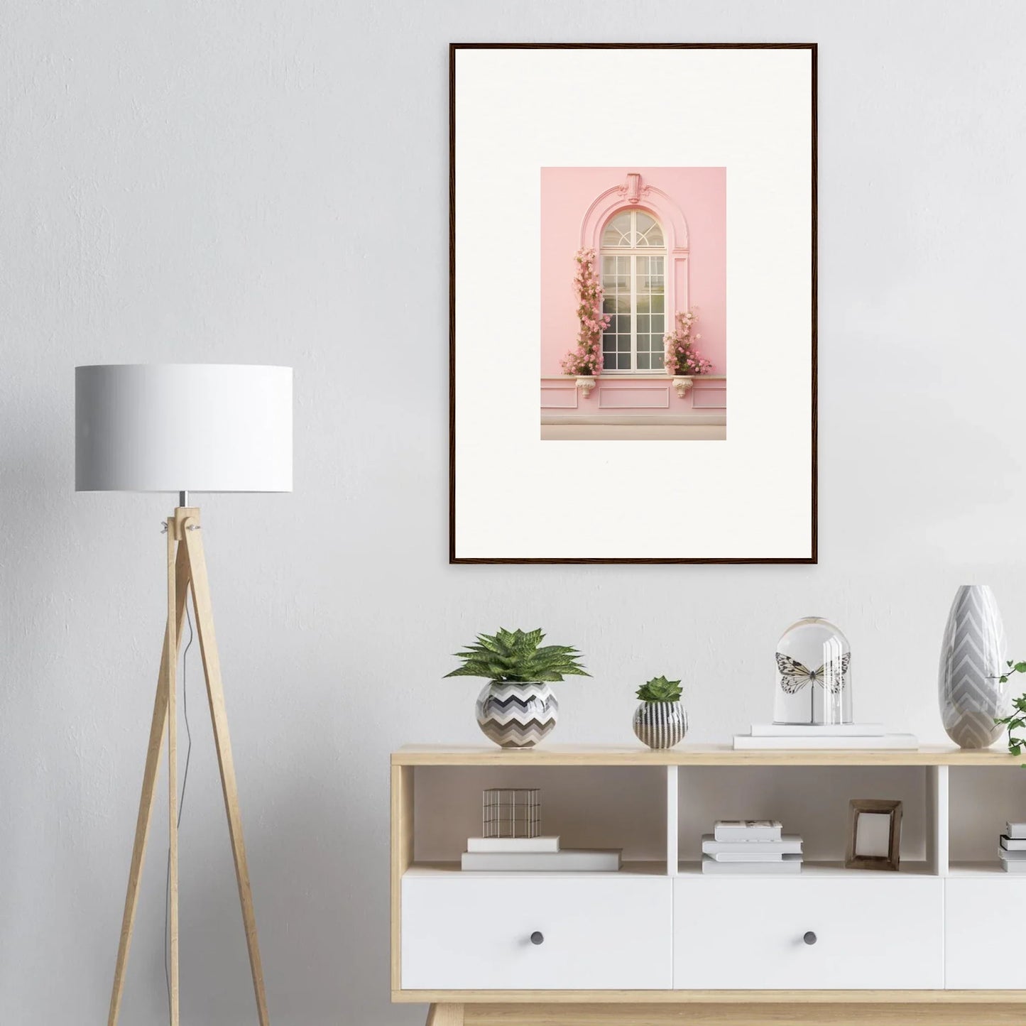 Framed pink artwork of an arched window with vines from Vitalose Rose Sonnet