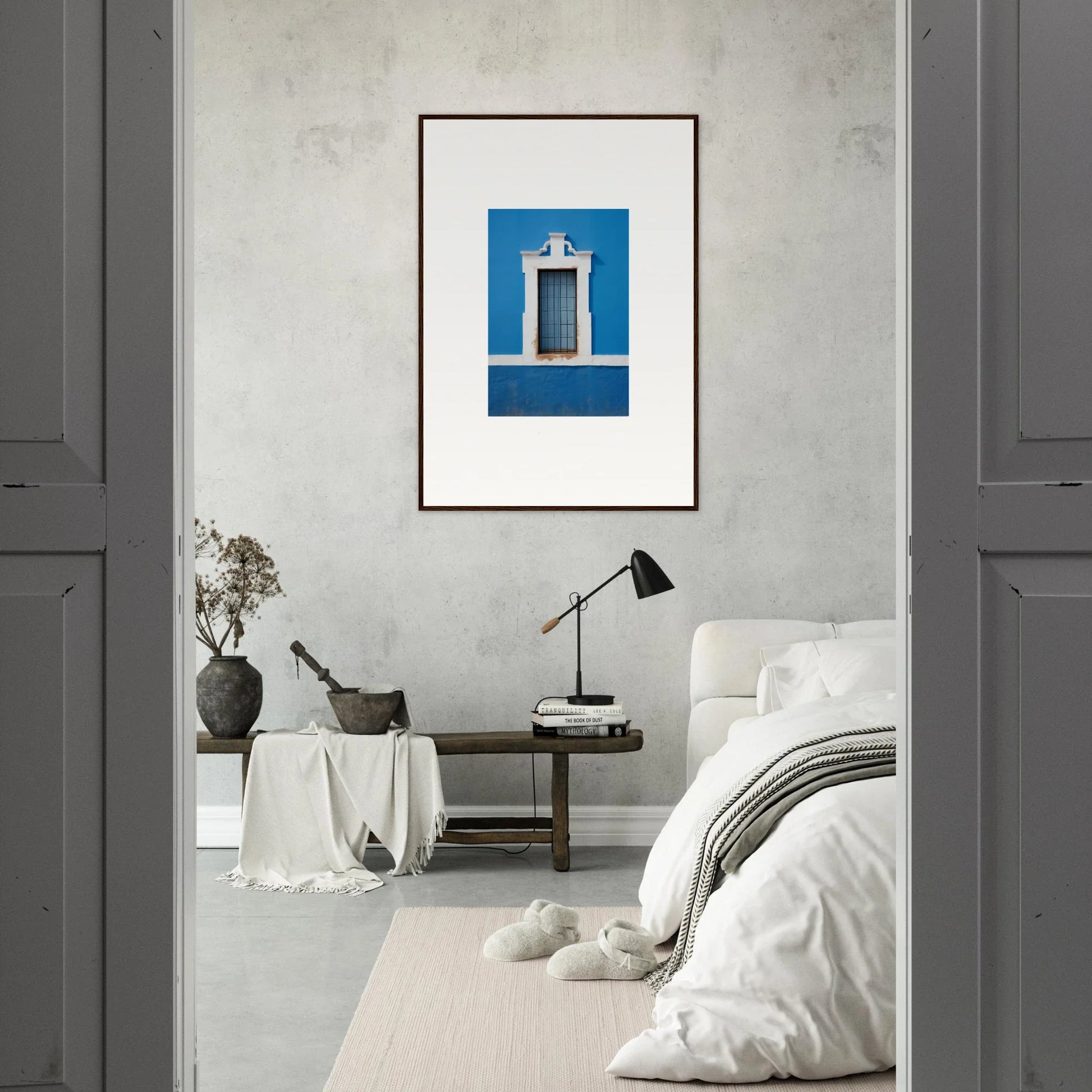 Framed wall art featuring a white window on a bright blue wall in Liquid Azure Quest