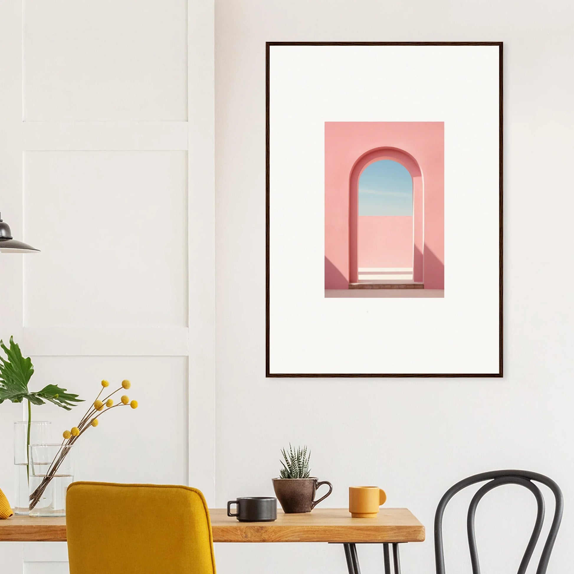 Framed art print of a pink archway against a blue sky in Echo of Horizons collection