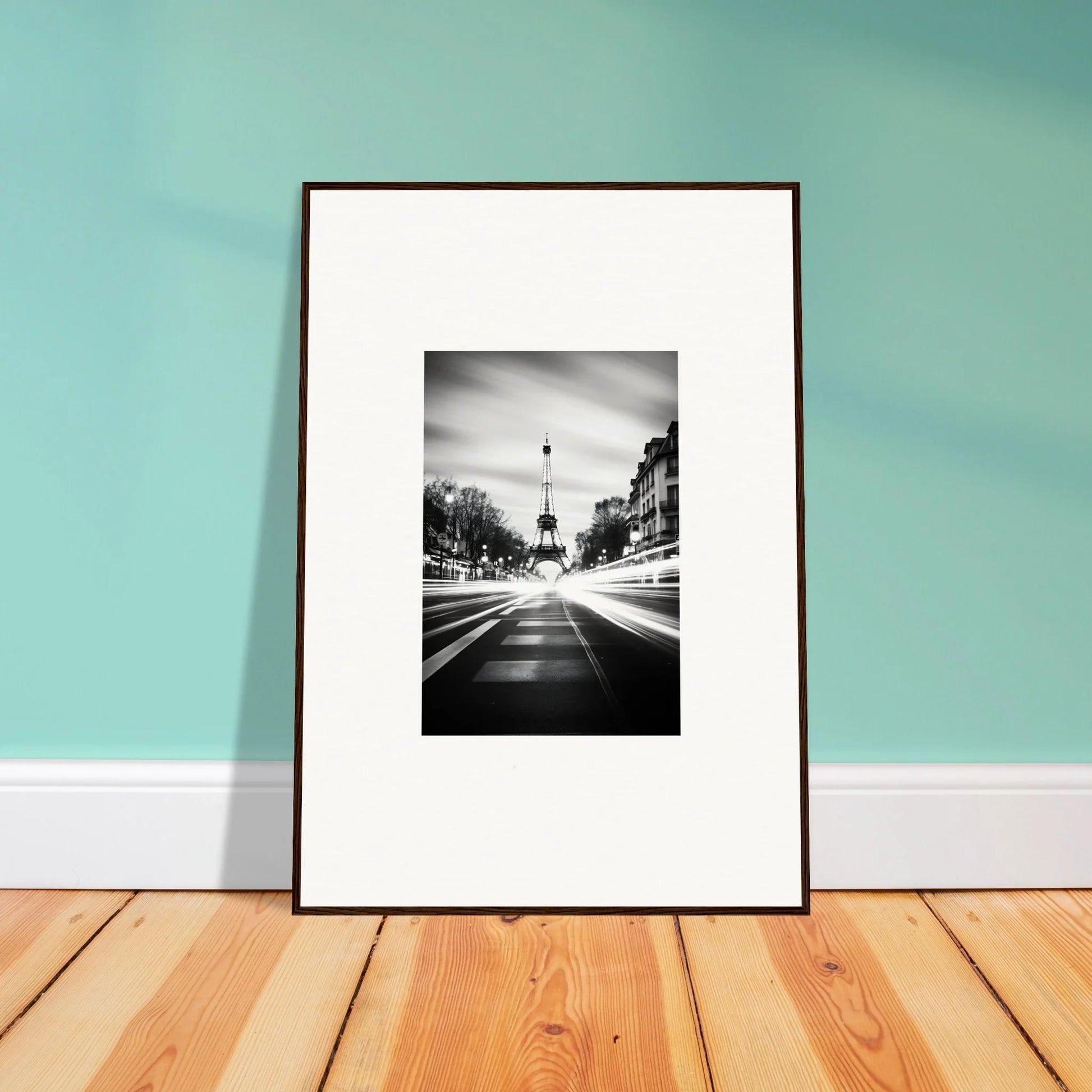 Framed black and white Eiffel Tower street photo from Synth Wave Elysium art collection