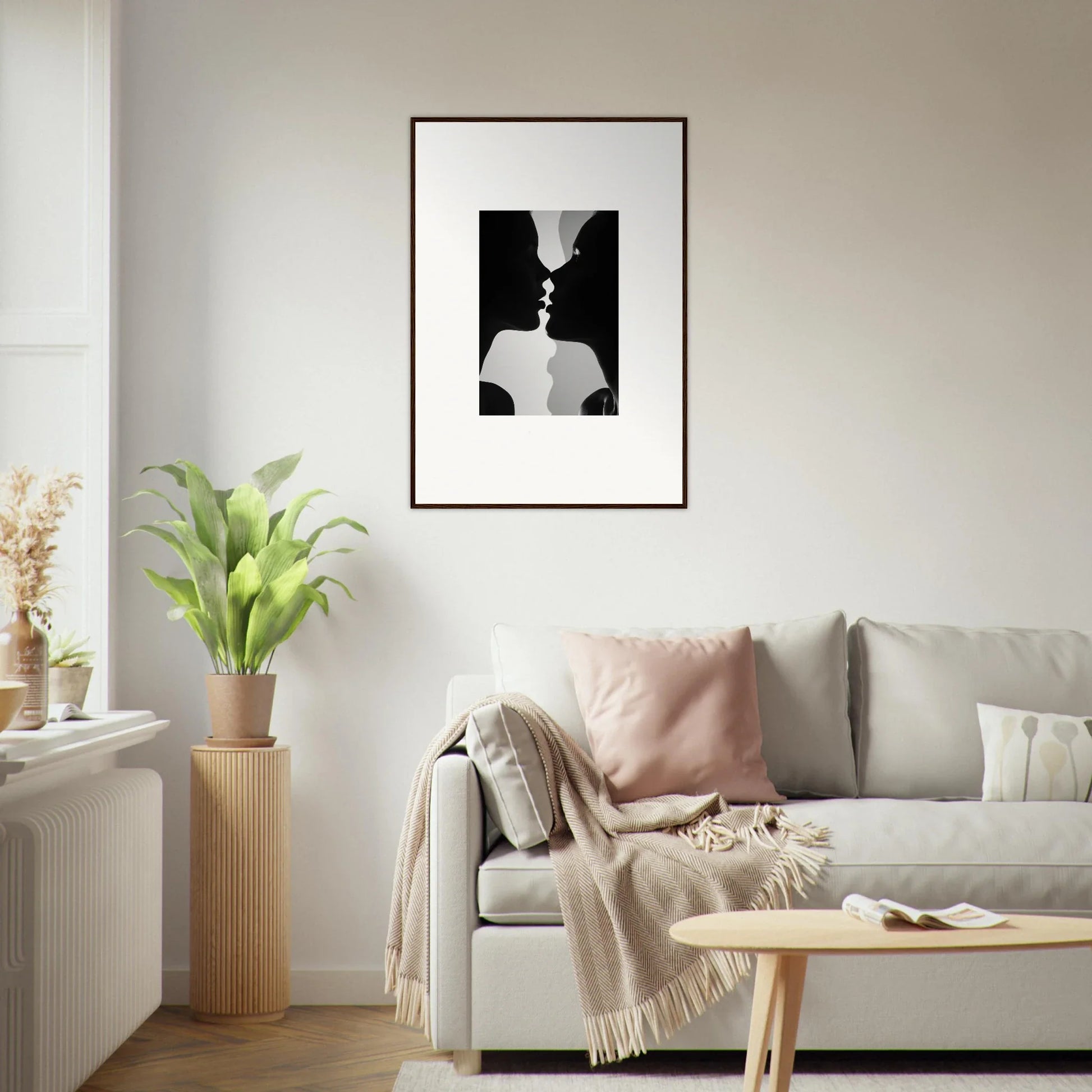 Black and white silhouette artwork of profiles in Nouveau Love Symphony framed wall art