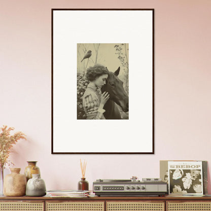 Framed vintage photograph of a woman and horse, perfect for room decoration or wall art