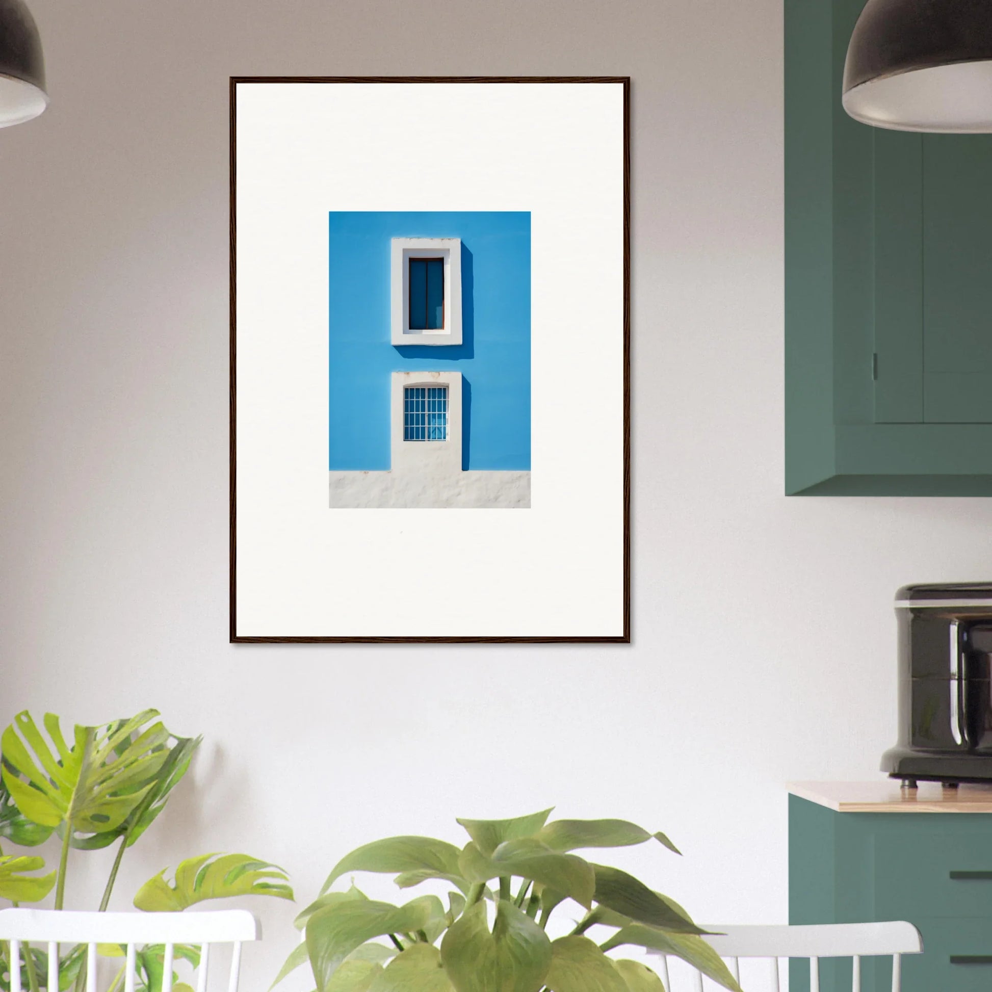 Framed wall art of two white windows on a blue wall, Isles Encompassed Vista design