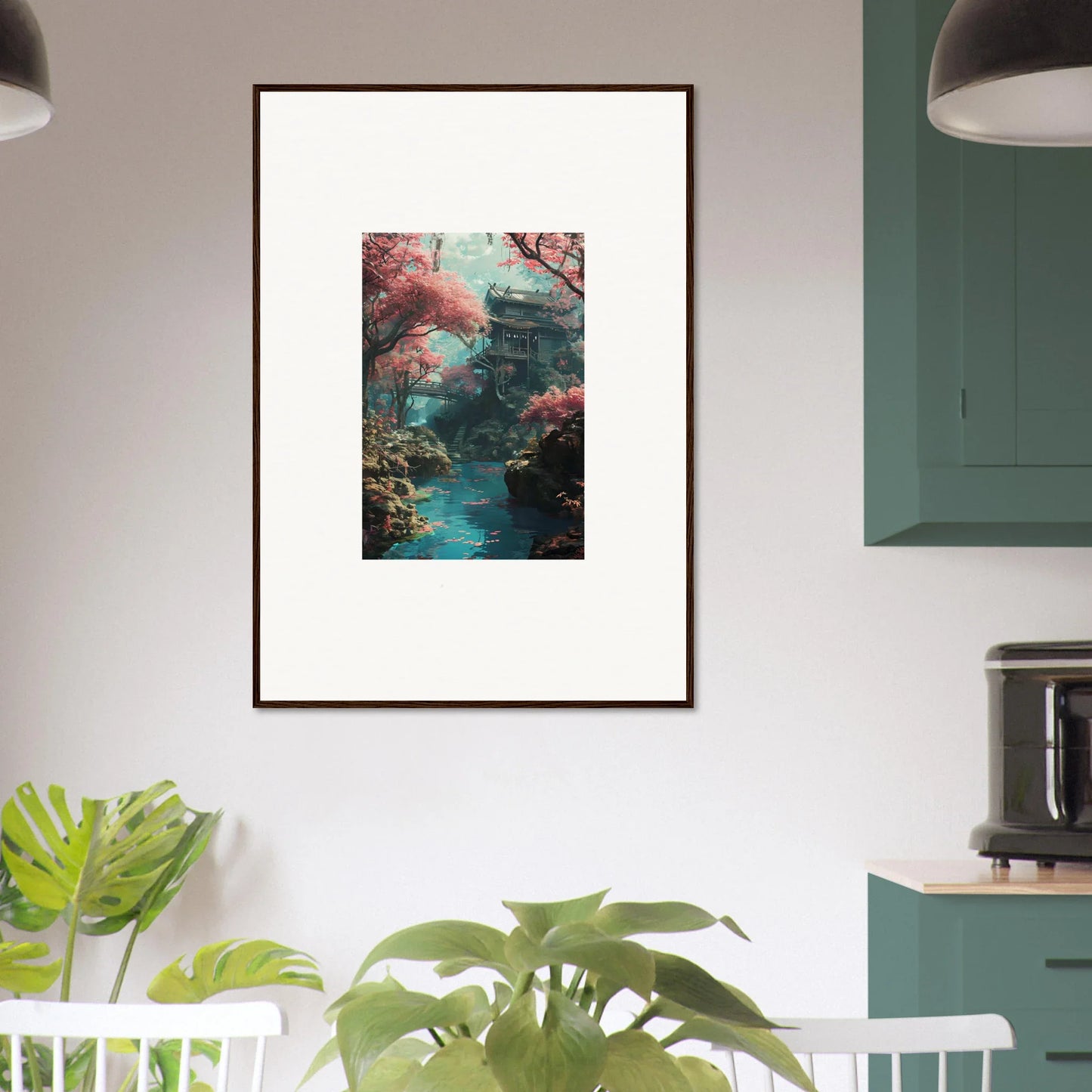 Framed wall art of a Japanese pagoda with cherry blossoms in Magenta Spirals Oscillate