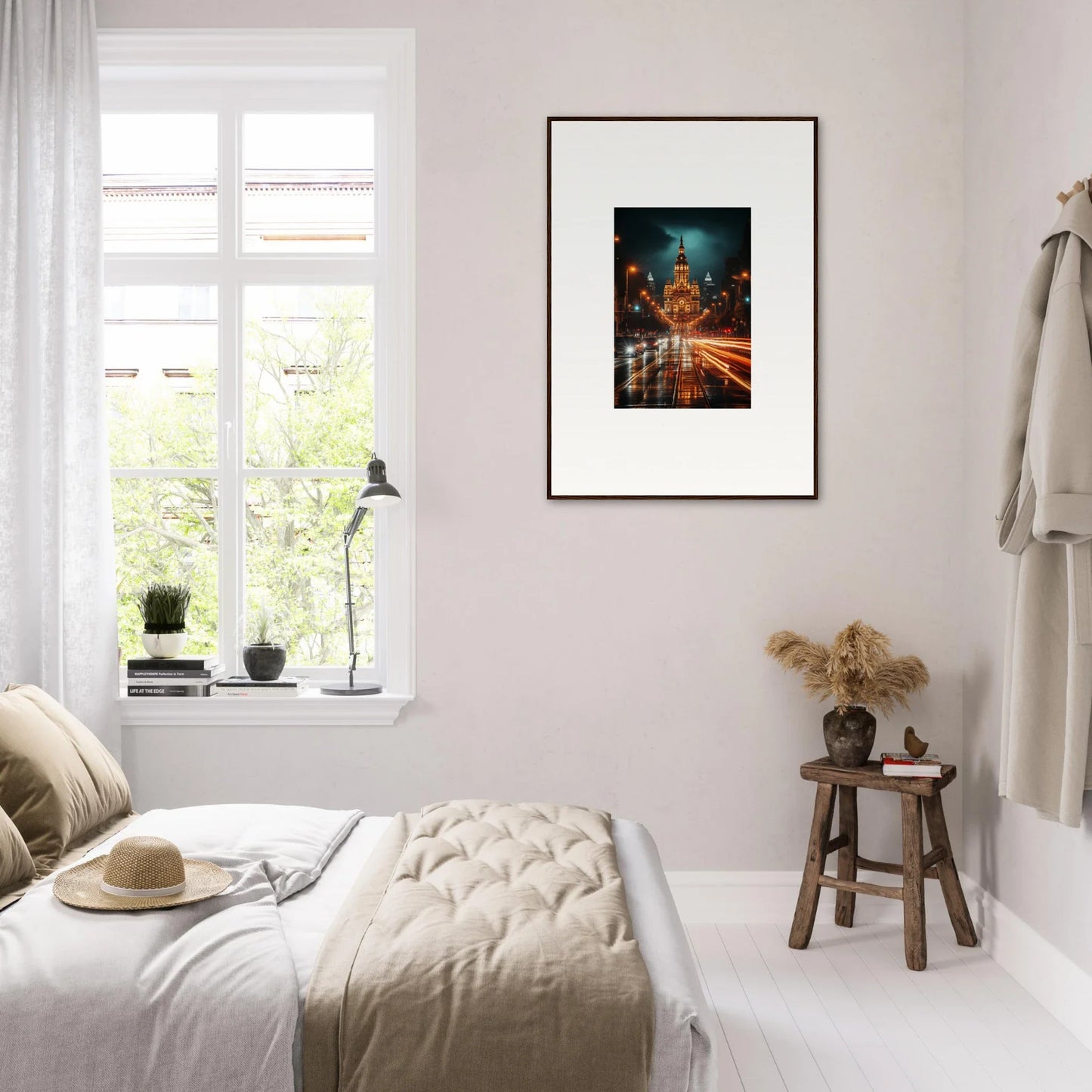 Minimalist bedroom featuring Radiant Urban Reverie framed wall art with neutral tones