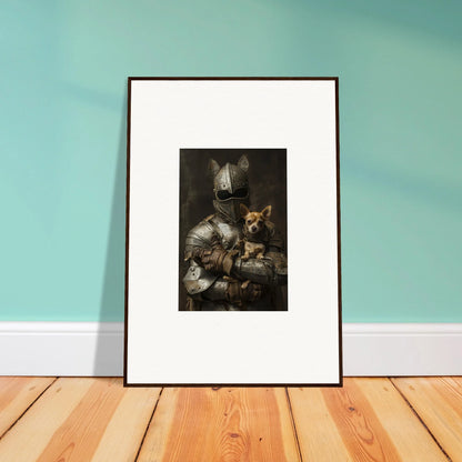 Framed black and white art of a knight with a cat from Serene Steel Whispers