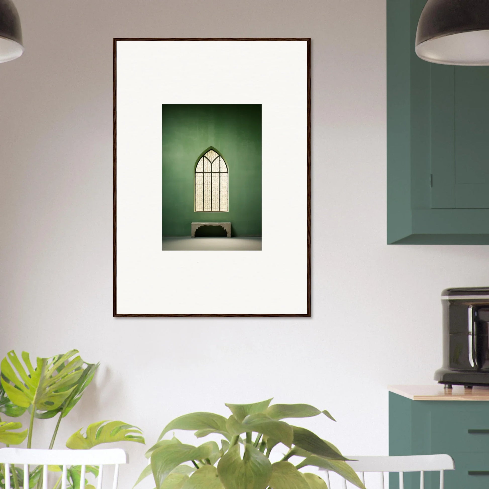 Framed arched church window art on a green wall, Evermind Greenthaum special edition art™