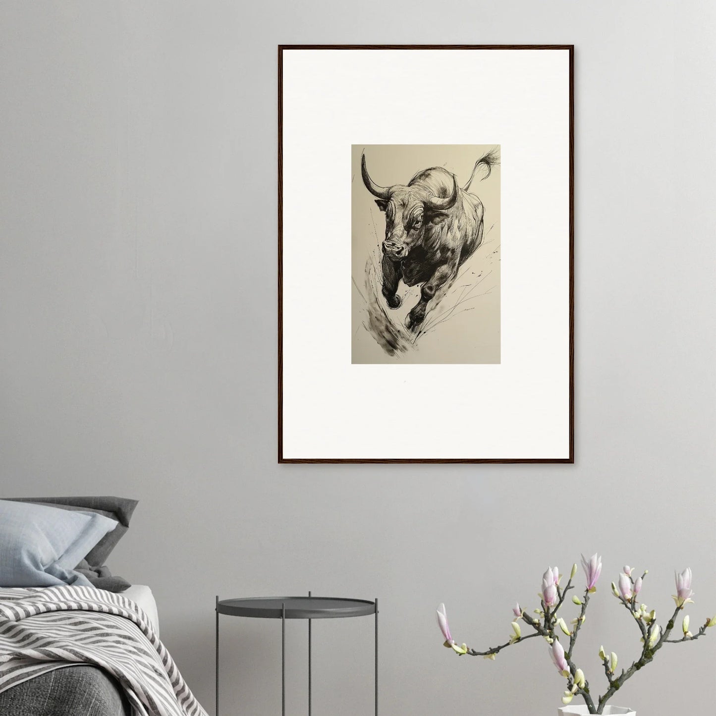 Framed black and white sketch of a charging bull in motion for Ebullient Storm Release