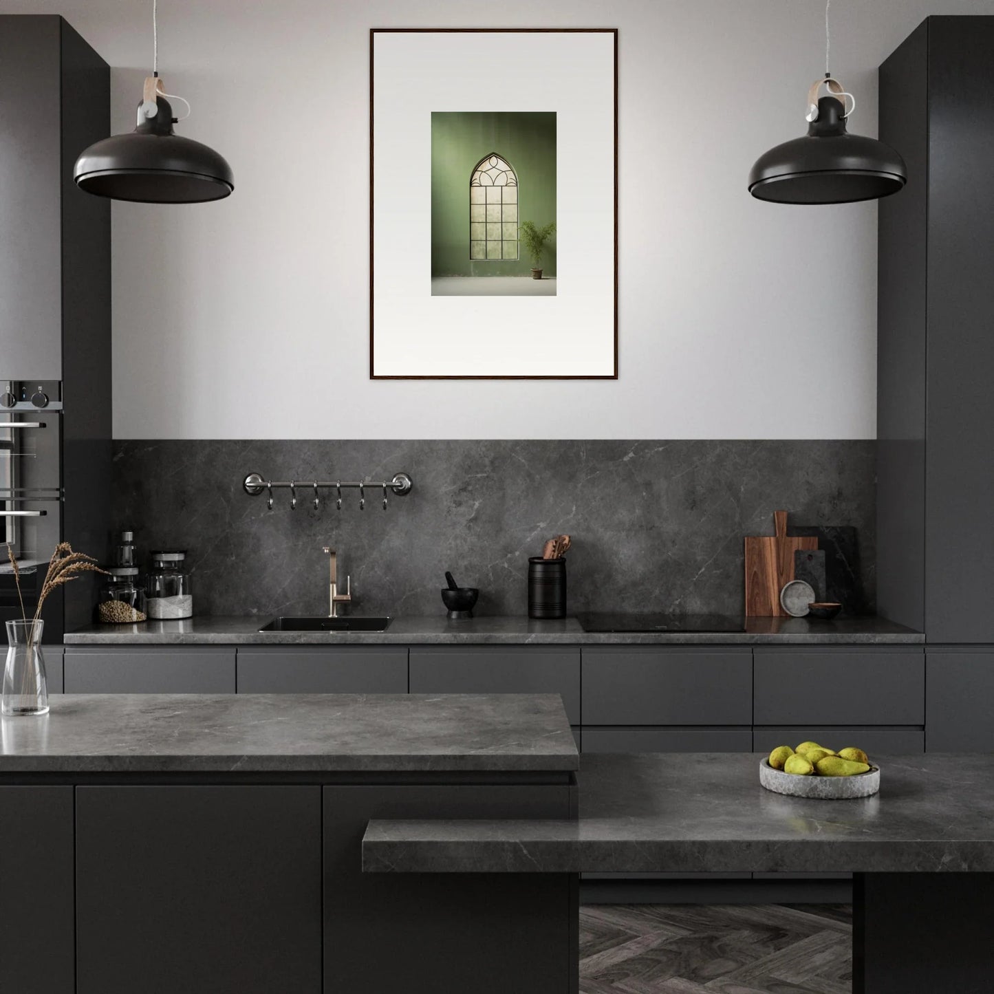 Modern dark gray kitchen featuring Green Crescent premium framed wall art and black pendant lights