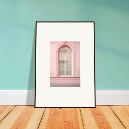 Framed Pink Sonata Vibrations art print with a pink arched window on white wall