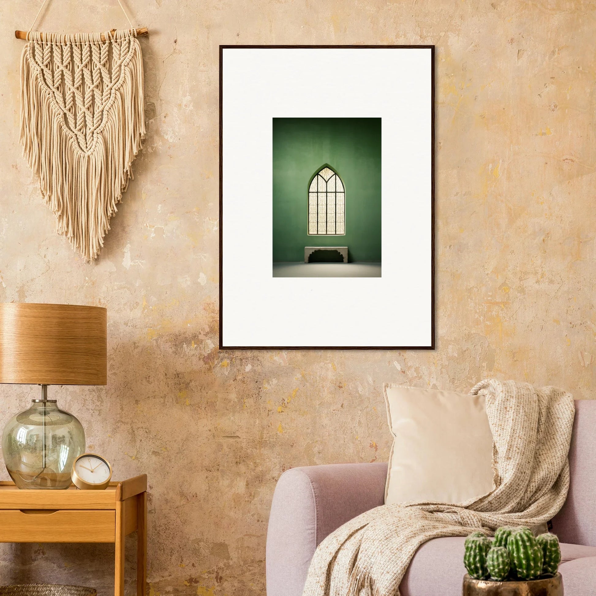 Framed Evermind Greenthaum art print of a gothic window on a green wall