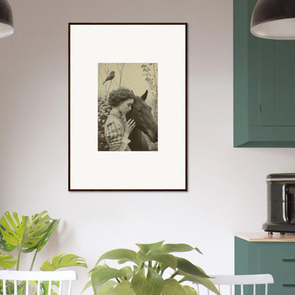 Framed black and white wall art of a person with a horse for unique room decoration