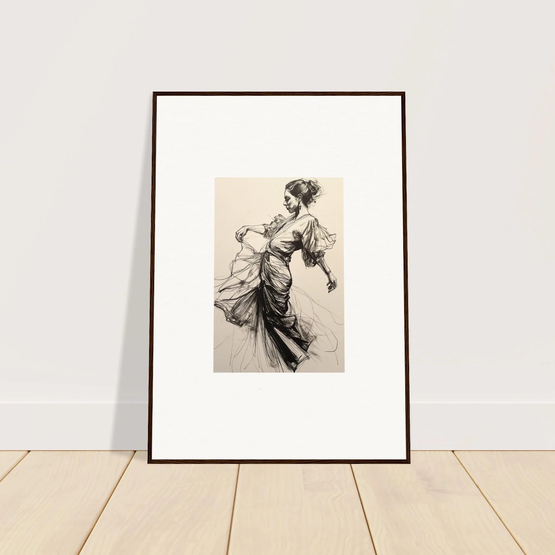 Elegant framed black and white sketch of a woman dancing for Midnight Dance Whispers