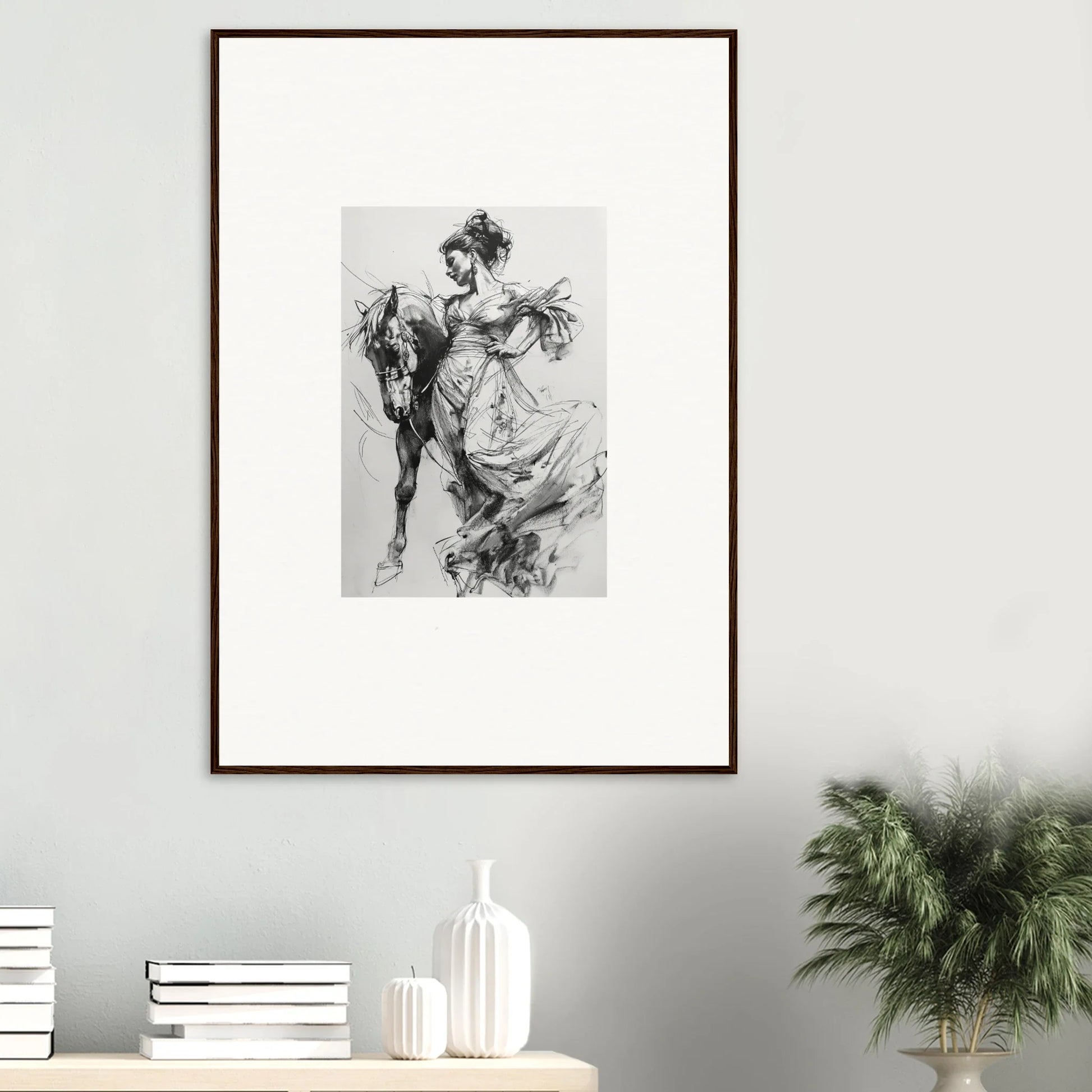 Framed black and white sketch of a woman in flowing dress by a horse, Thoughts Unbridled Dance