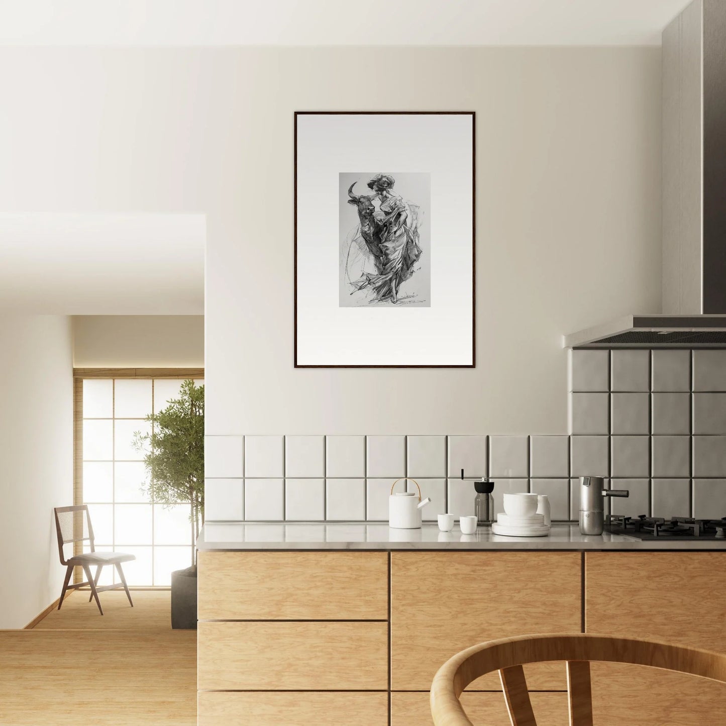 Modern kitchen featuring Ebullient Abstract Liaisons framed wall art with light wood cabinets