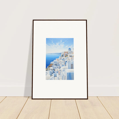 Framed wall art of Santorini with blue domes in the Elysian Horizon Vortex design