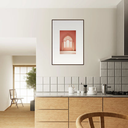 Modern kitchen featuring wooden cabinets, white tile, and Versaille Sunset Reimagined art