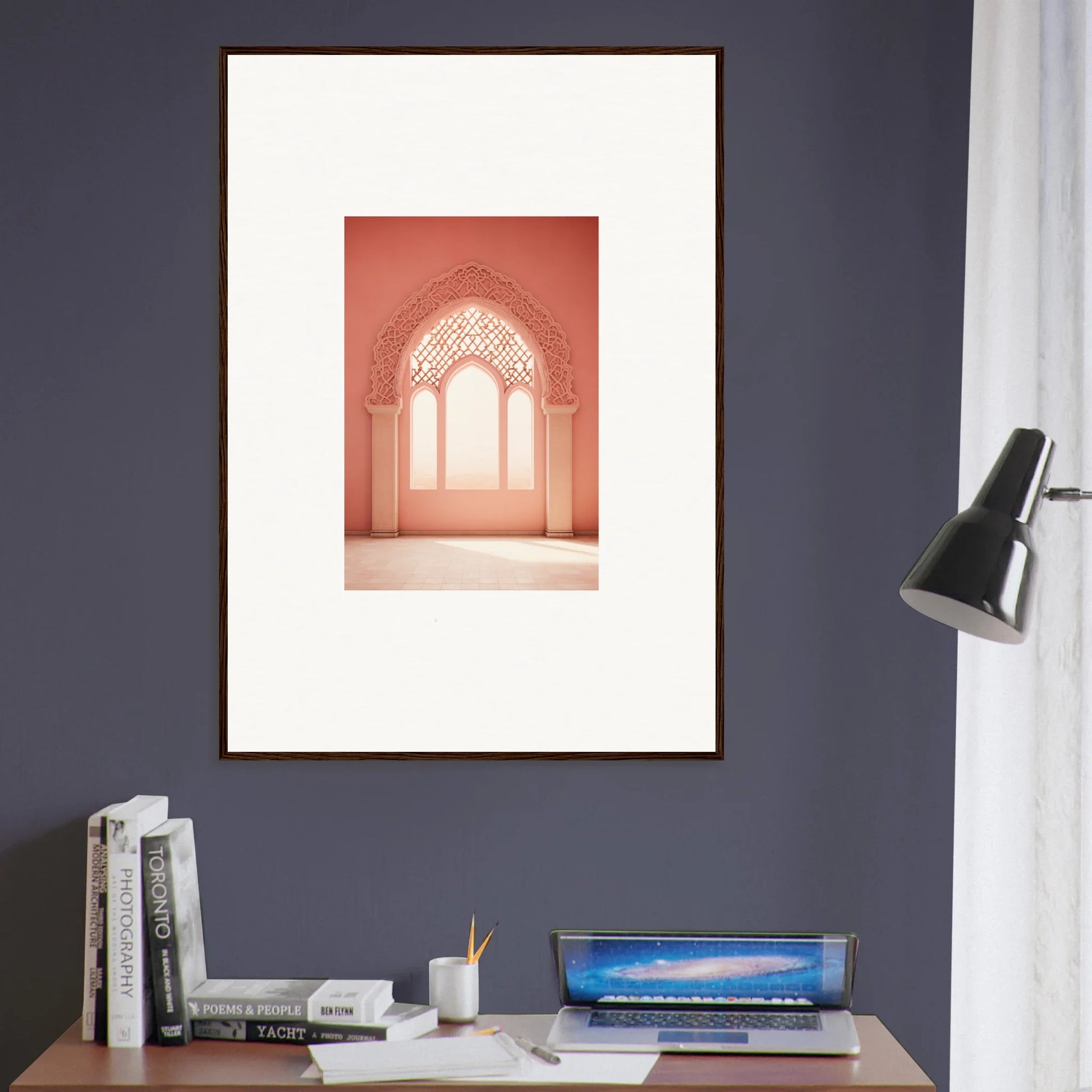 Framed wall art of Gothic arched window in coral from Versaille Sunset Reimagined