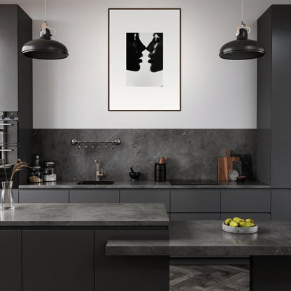 Modern dark gray kitchen with industrial lights and framed wall art for Eclipsing Soulcare Kisses