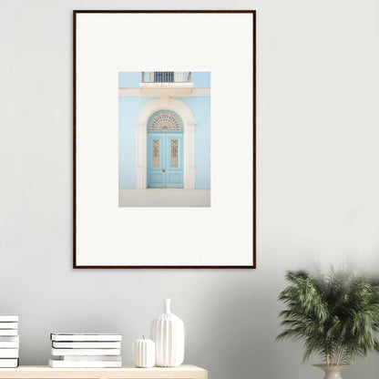 Framed wall art of a light blue vintage door for Delphinium Dream Portal