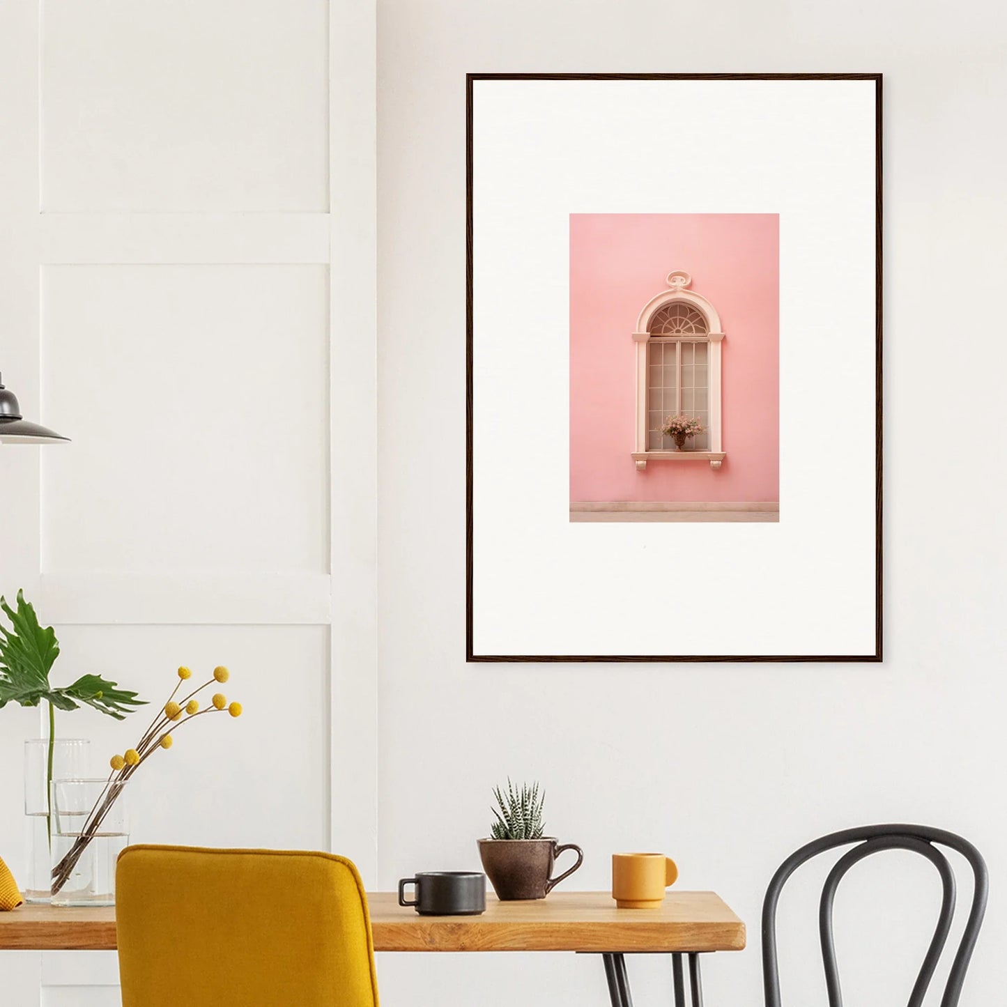 Framed wall art of Pinky Flora Portal with an arched window on a stylish pink wall