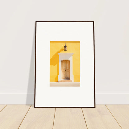 Framed wall art of a wooden door on a yellow wall, perfect for your Golden Hue Portal