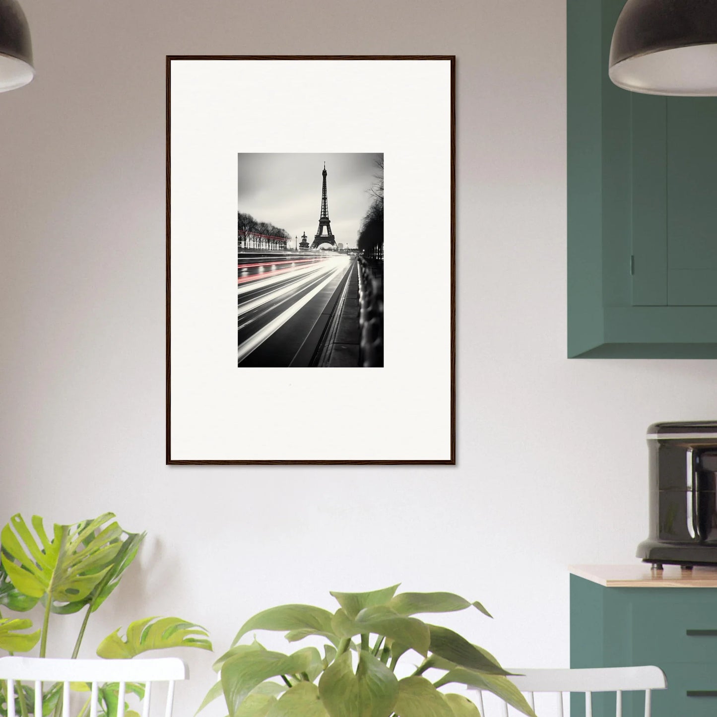 Framed black and white Eiffel Tower photo with light trails for Eternal Windsweep Halo