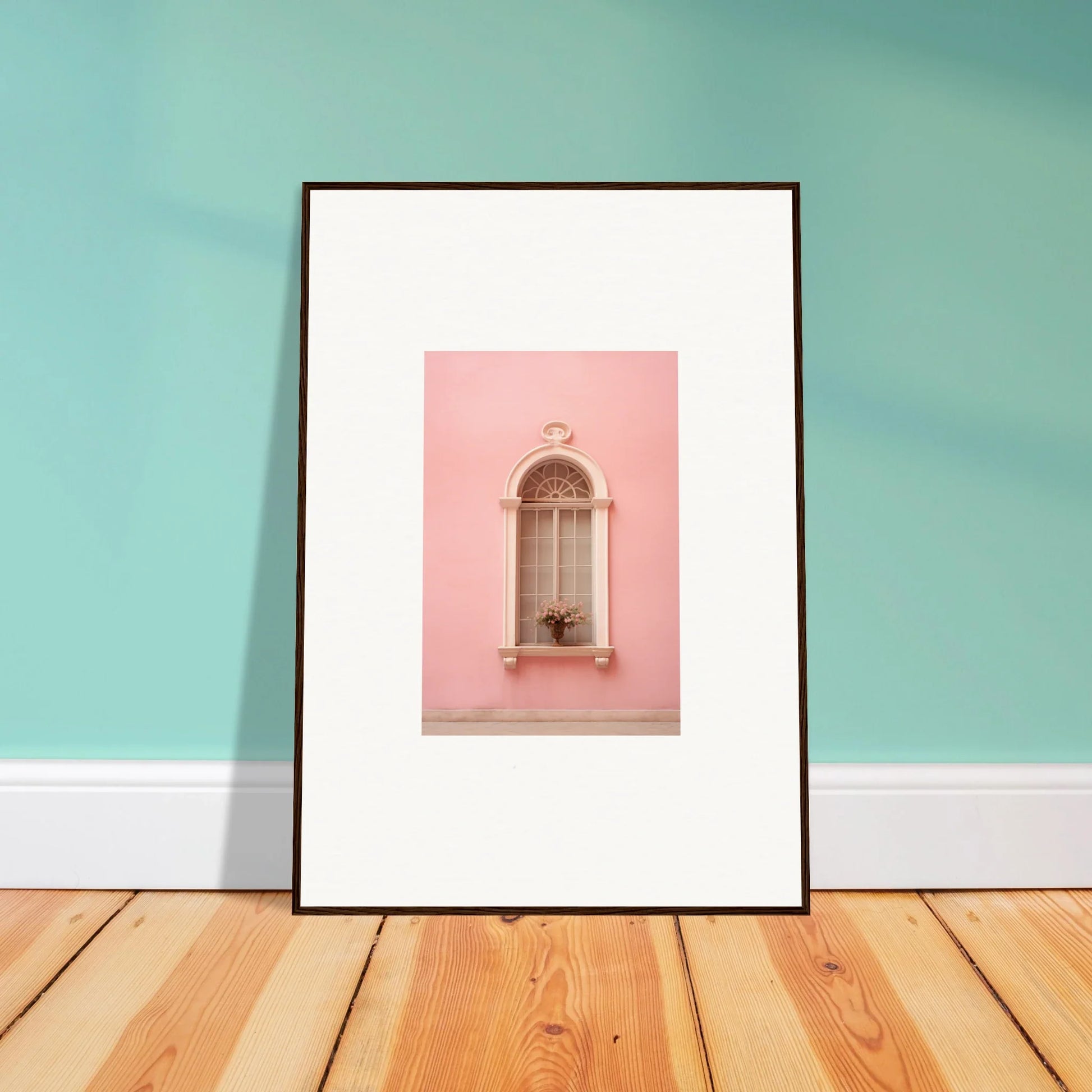 Framed wall art of ornate window on a pink wall from Pinky Flora Portal collection