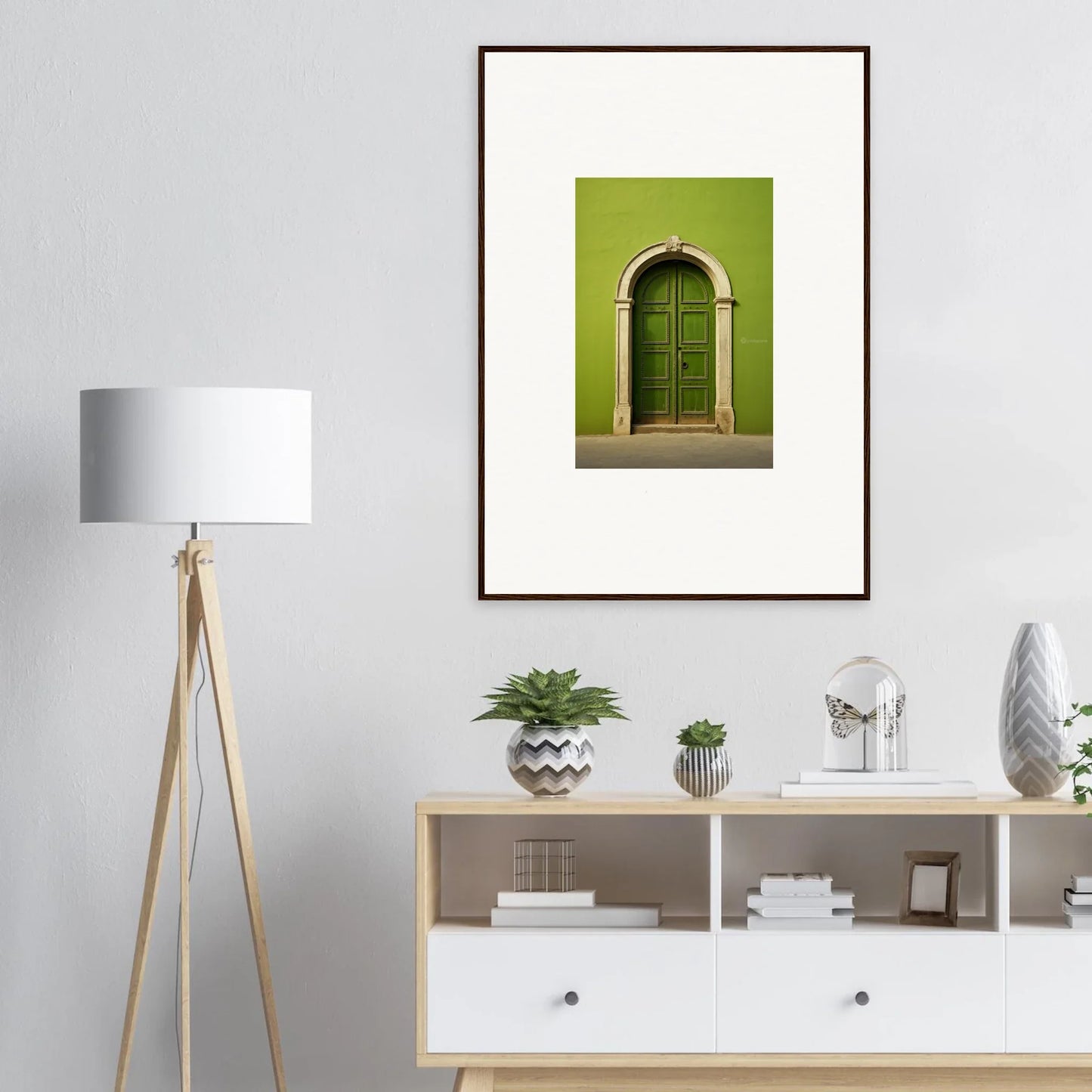 Framed green arched doorway art from Vert Barcode Reverie on a white wall