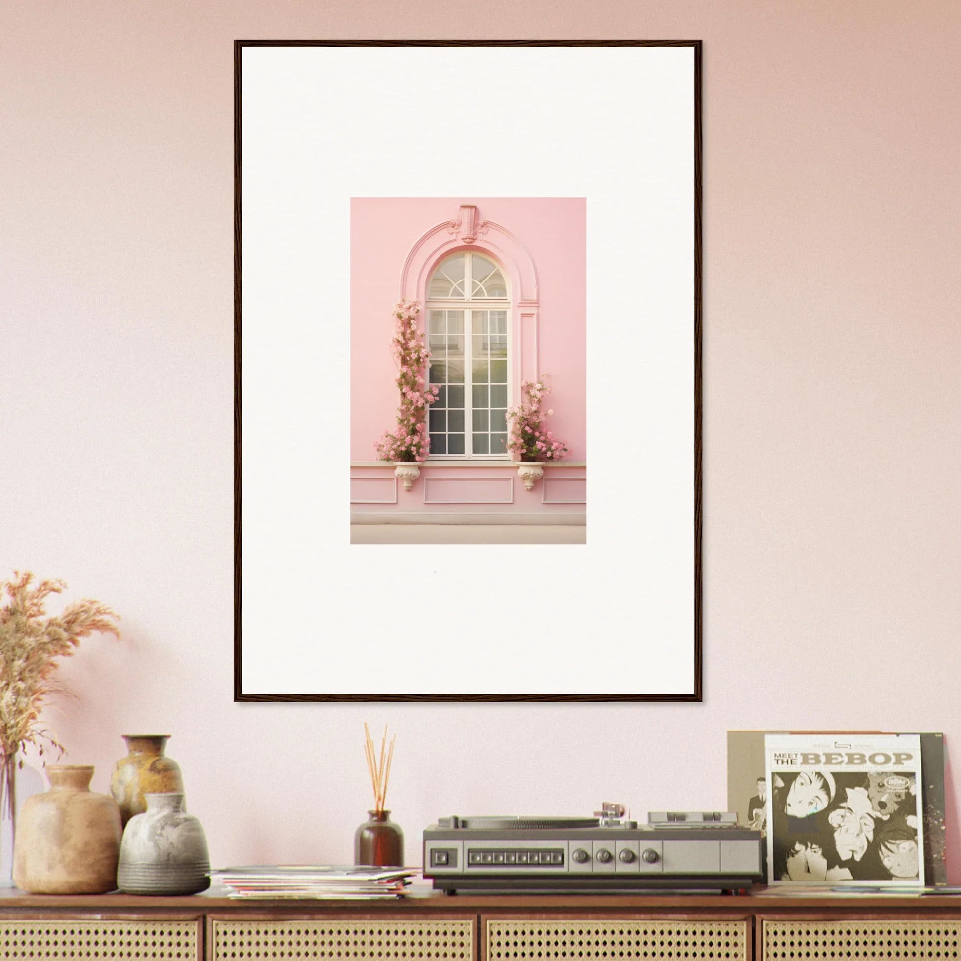 Framed art print of a pink arched window with flowers from Vitalose Rose Sonnet