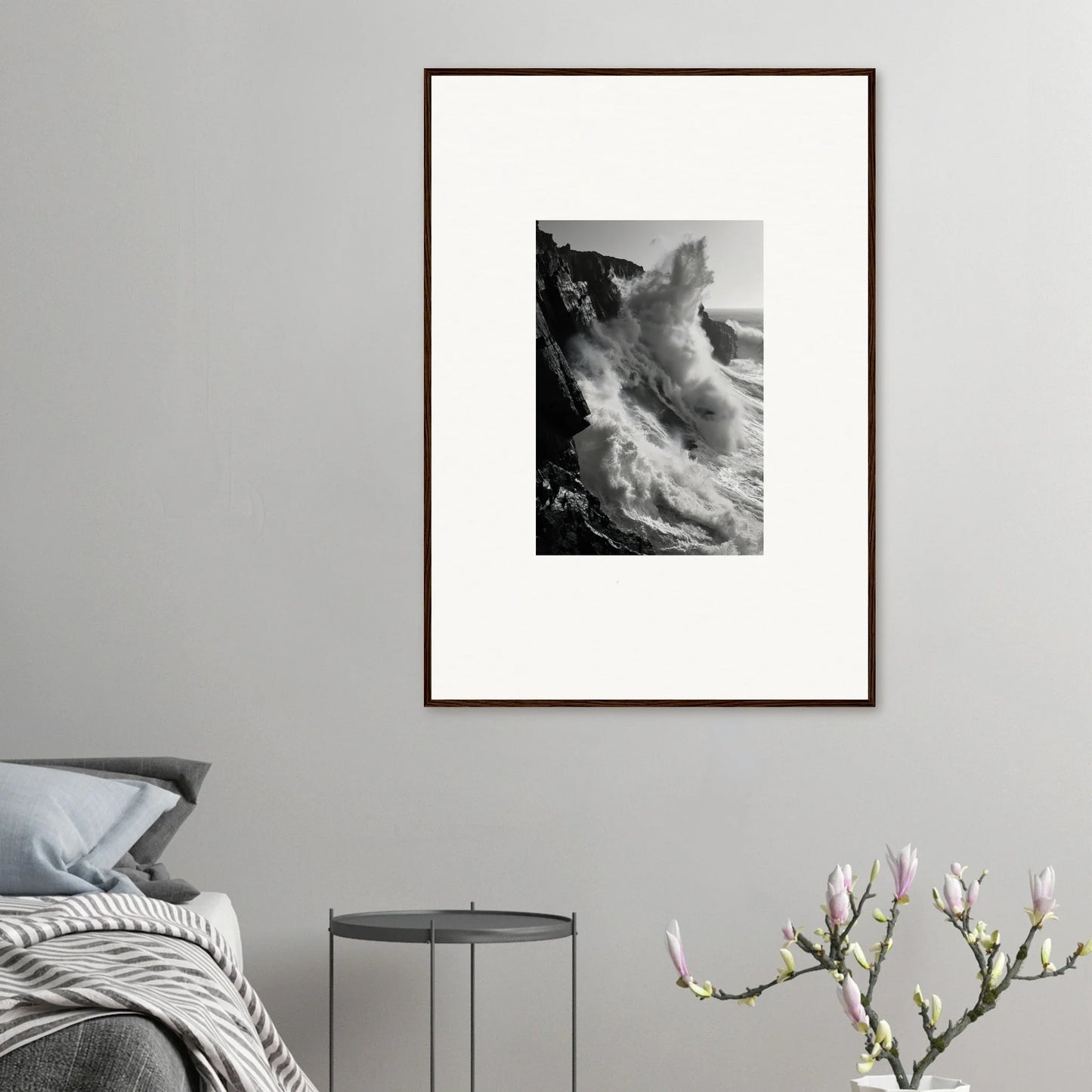 Framed black and white photograph of crashing waves from Tempest Winks Reverie