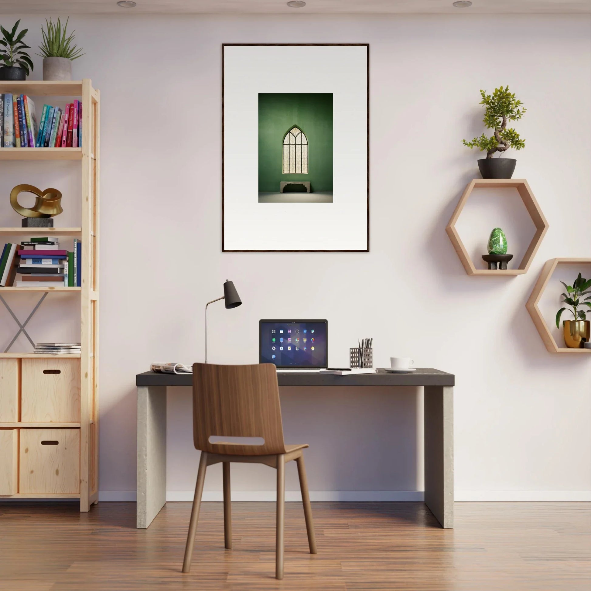 Modern Evermind Greenthaum workspace with dark desk, wooden chair, and hexagonal shelves