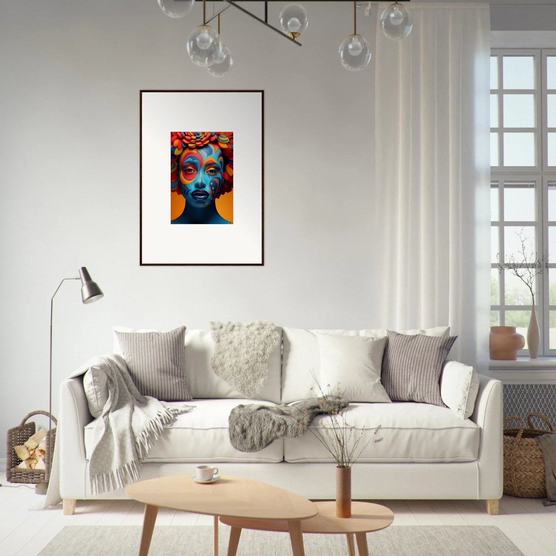 Colorful wall art canvas print of a vibrant blue face for stylish room decoration