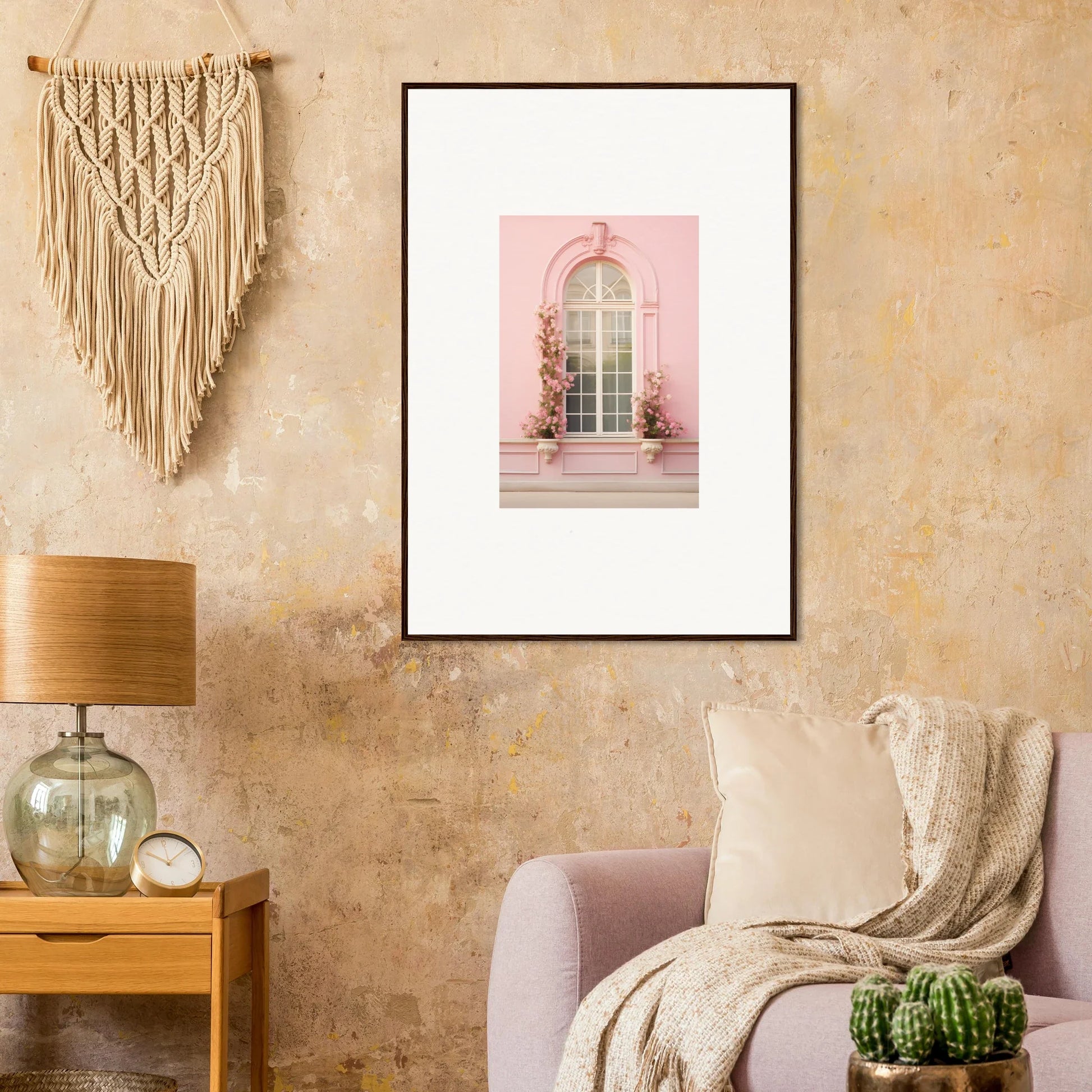 Framed pink architectural photo of an arched doorway with climbing flowers, Vitalose Rose Sonnet