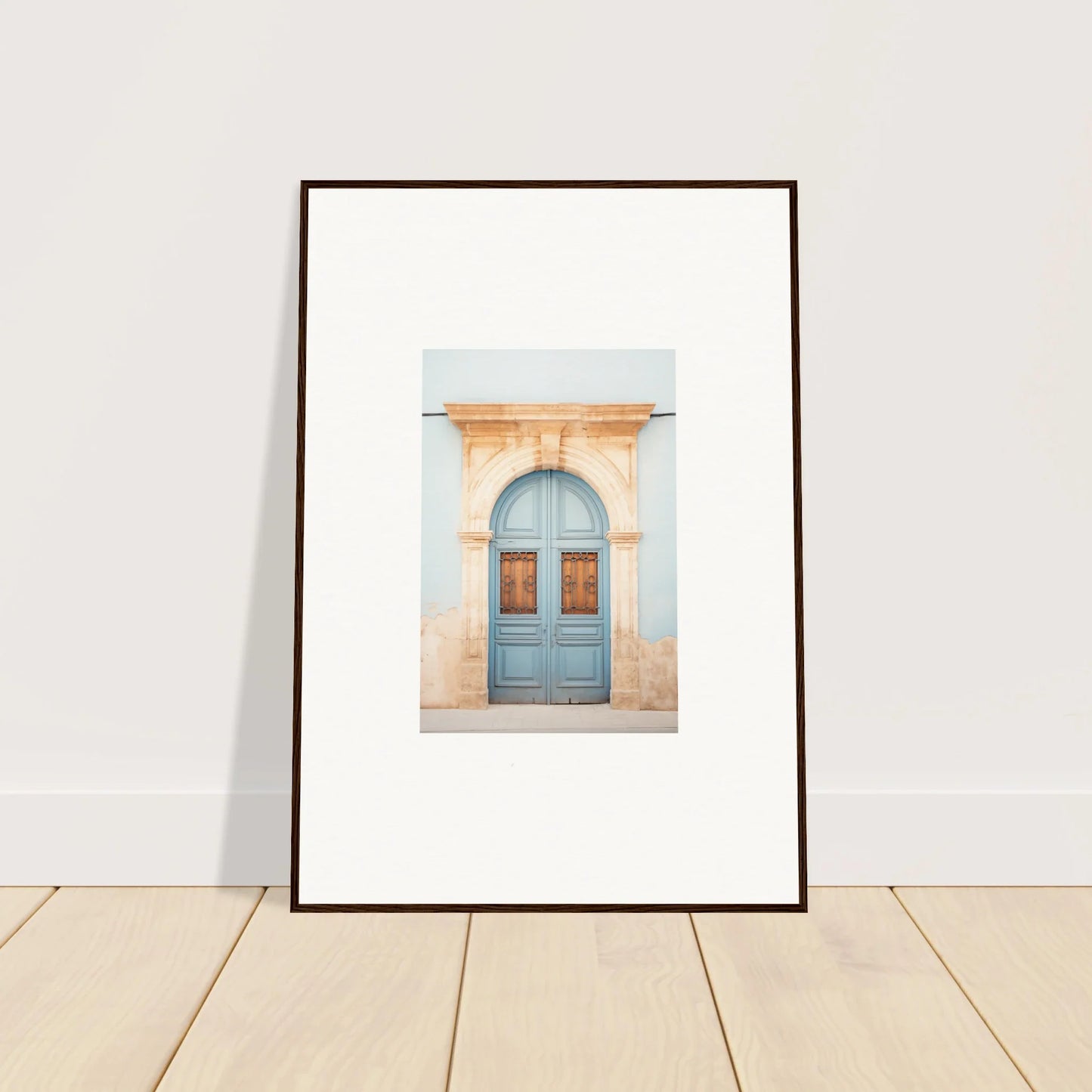 Framed poster of a blue vintage door with ornate archway from Threshold of Echoes