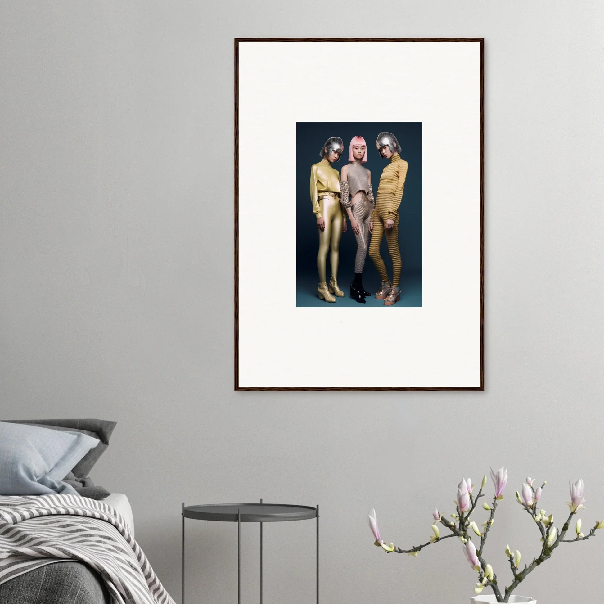 Framed wall art of three people in yellow outfits showcasing Galactic Fashion Paradigm