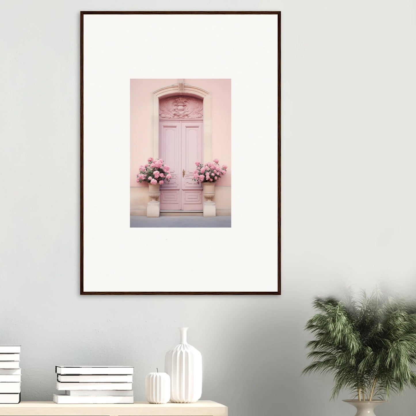 Framed wall art of a pale pink door with floral boxes, Rosy Cosmos Gateway special edition